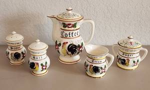 lot 194 image: Vintage Rooster and Roses Ceramic Coffee Pot, Salt & Pepper Shakers, Sugar and Creamer - Coffee Pot and Pepper have no chips...the rest have small chips