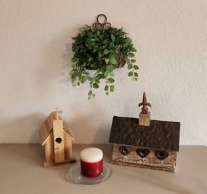 lot 196 image: Handcrafted By Lees Custom Woods Church Bird Feeder, Hanging Faux Plant, Candle and 3 Hole Bird Feeder