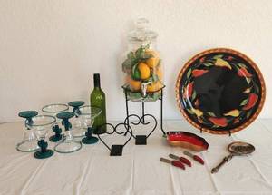 lot 203 image: Large Clay Art Platter and Matching Dip Spreader Set, Vintage Strainer Spoon, Beverage Dispenser with Faux Lemons and 6 Plastic Margarita Glasses