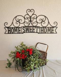 lot 204 image: Large Metal Sign and Basket with Faux Flowers