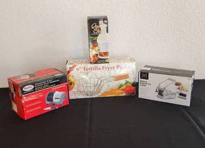 lot 210 image: Salt Deluxe French Fry Cutter, 6 Tortilla Fryer Basket, Quick Chop and Smiths Diamond Edge Electric Knife Sharpener