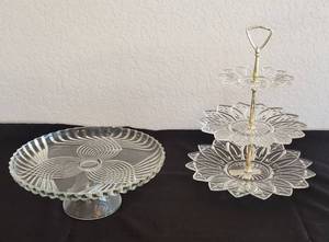 lot 212 image: Glass Cake Plate 3 Tier Glass Petal Food Server