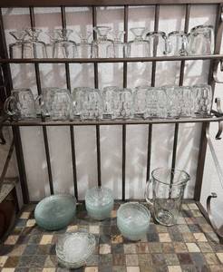 lot 216 image: Glass Mugs, Pitcher, Plates and Dessert Glassware