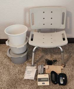 lot 223 image: Shower Chair, Blood Pressure Machine and Pots