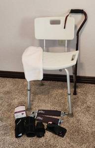lot 224 image: Shower Chair, Cane, Wrist Braces, Glasses and Masks
