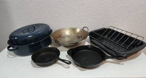 lot 236 image: Cast Iron Pans, Enamelware and Wok