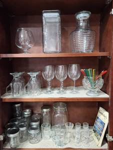 lot 249 image: Contents of Cabinet - Canning Jars, Glassware and Glass Storage Containers