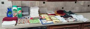 lot 259 image: Kitchen Towels, Aprons, Dish Rack and Cleaning Supplies