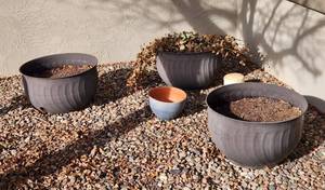 lot 405 image: 3 Metal Planter Pots 18 x 11 and 1 Small Planter Pot 9 x 6
