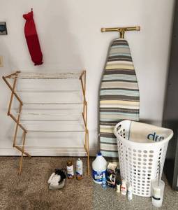 lot 412 image: Ironing Board, Hamper, Drying Rack, Portable Folding Iron and Laundry Care