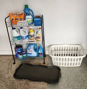 lot 413 image: 3 Teir Rolling Cart, Laundry Care Supplies and Shoe Mat