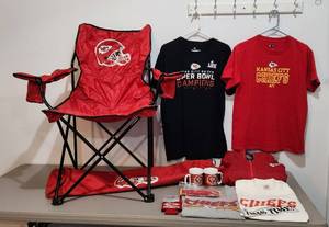 lot 444 image: Chiefs Memorabilia - 2 Med and 1 Large Shirts - Jacket is XL and Reversable