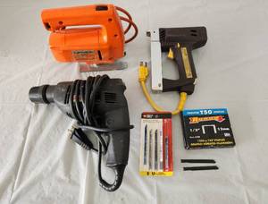lot 450 image: Jig Saw, Drill and Staple Gun - Extra Blades and Staples