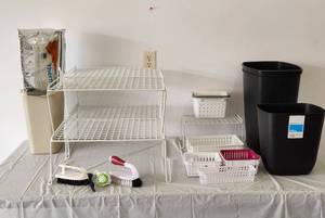 lot 471 image: Wire Cabinet Racks, Trashcans and Brushes