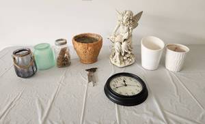 lot 489 image: Angel Statue, Flowerpots, Clock and Jars