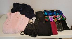 lot 299 image: Womens Robes, Gloves, Travel Blow Dryer and 2 Size 10 Bathing Suits