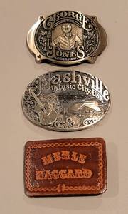 lot 313 image: Nashville Music City, George Jones and Merle Haggard Belt Buckles