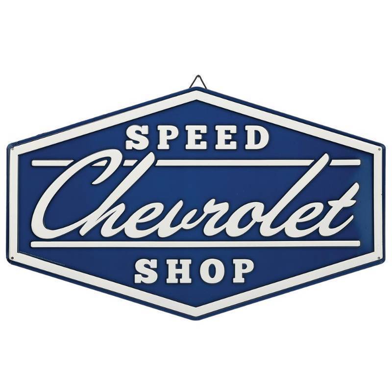 lot 9 image: Open Road Brands Chevrolet Speed Shop Embossed Tin Sign, Blue Embossed Tin