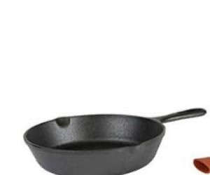 lot 28166 image: Lodge Cast Iron Skillet with Red Mini Silicone Hot Handle Holder 8-inch