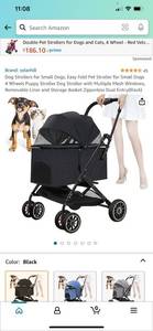 lot 28170 image: Easy Fold Pet Stroller for Small Dogs 4 Wheels, with Multiple Mesh Windows, Removable Liner and Storage Basket Zipperless Dual Entry (Black)