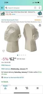 lot 28191 image: Bloomingville Decorative Boho Human Face Resin Bookends, Grey, 2
