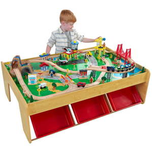 lot 28208 image: KidKraft Waterfall Mountain Wooden Train Set & Table with 120 Pieces 3 Storage Bins