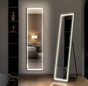 lot 56878 image: retails for 169.99 LVSOMT Full Length Mirror with LED Lights, Free Standing Floor Mirror, Full Body Lighted Mirror, Wall Mounted Hanging Mirror w Dimming & 3 Color Lighting for Bedroom (63x16, Black)