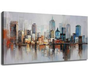 lot 56880 image: Arjun Brooklyn Bridge Wall Art Modern New York Abstract Canvas Cityscape Painting Large Framed, Colorful NYC Skyline Textured Picture for Living Room Bedroom Home Office Decor 40x20 Original Design