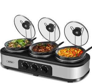 lot 56884 image: HEYNEMO Triple Slow Cooker, 3�1.5 QT Buffet Servers and Warmers, 3 Pots Buffet Slow Cooker Adjustable Temp Lid Rests Stainless Steel Manual Silver for Parties Holidays Families