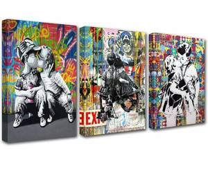 lot 56898 image: 3 Pieces Graffiti Street Art Banksy Canvas Wall Art for Living Room Decor Abstract Artwork Picture Print Pop Artwork Kitchen Wall Decor Home Decor Room Wall Pictures Framed Ready to Hang 48x24 Inch