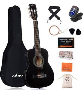 lot 56923 image: ADM Beginner Acoustic Classical Guitar 30 Inch Nylon Strings Wooden Guitar Bundle Kit for Kid Boy Girl Student Youth Guitarra Free Online Lessons with Gig Bag, Strap, Tuner, String, Pick, Black Color
