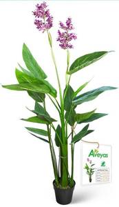 lot 56936 image: Retail $120 Aveyas 5ft Artificial Canna Violet Tree with Purple Flower in Plastic Nursery Pot, Fake Plant for Office House Living Room Home Decor ( Indoor  Outdoor )