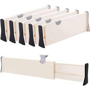 lot 56944 image: Drawer Dividers Organizer 5 Pack, Adjustable Separators 4 High Expandable from 14.9-21 for Bedroom, Bathroom, Closet, Clothing, Office, Kitchen Storage, Strong Secure Hold, Foam Ends, Locks in Place