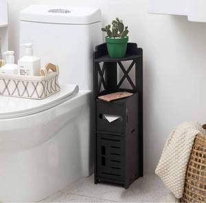 lot 56966 image: Narrow Bathroom Cabinet,Slim Shelf for Tiny Bedroom, Corner Storage Toilet Shelves for Half Bath,Narrow Storage Shelf for Small Space,Toilet Paper Cabinet for Laundry Room, Black by AOJEZOR
