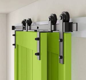 lot 56987 image: LDB_BUILDING 5FT - 9FT Sliding Bypass Barn Door Hardware Kit - 5 FT Double Door Kit - Single Rail Low Ceiling - Easy to Install - Fit 30 Wide Barn Doors (I Shape Hanger