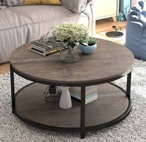 lot 57018 image: retails for 159.99 NSdirect 36 inches Round Coffee Table, Rustic Wooden Surface Top & Sturdy Metal Legs Industrial Sofa Table for Living Room Modern Design Home Furniture with Storage Open Shelf (Light Walnut)