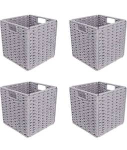 lot 57020 image: GREEHOMEDE Foldable Woven Storage Basket, Cotton Rope Storage Cube Boxes with Iron Wire Frame, Set of 4, Gray