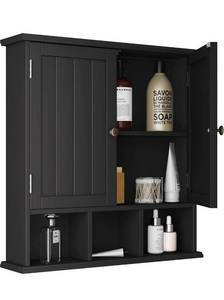 lot 57047 image: ChooChoo Bathroom Cabinet Wall Mounted 2-Door with 3 Open Shelves�� Wooden Medicine Cabinets with Adjustable Shelf��Space Saver Storage Cabinets Over The Toilet for Bathroom&Living Room��Black