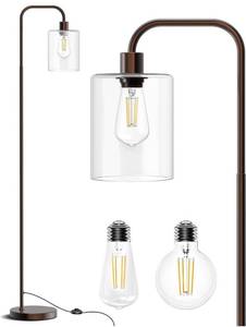 lot 57068 image: Isloys Floor Lamp, Industrial Floor Lamp with 2 LED Bulbs, LED Floor Lamp with Glass Shade, Modern Standing Lamp for Living Room Bedroom Office Farmhouse - Brown