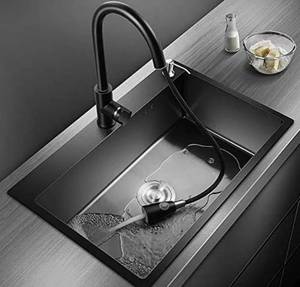 lot 57069 image: retails for 229.99 25 Drop-In or Undermount Single Bowl Kitchen Sink  Bar Sink with Pull-Down Faucet, Soap Dispenser, Telescopic Drain Basket, Made of Stainless Steel with Nano Coating (Black)