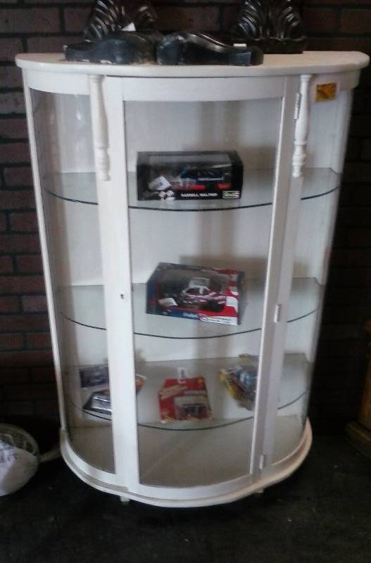 lot 1265 image: Vintage China Curio Cabinet Rounded Glass Door Slightly Distressed Finish