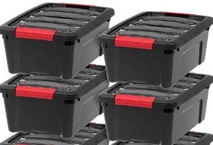 lot 13168 image: IRIS USA 12 Qt. Plastic Storage Bin Container with Durable Lid and Secure Latching Buckles, 5-Pack, Sturdy Stackable and Nestable Organizer Tote with Pull Handle for Easy Access and Storage, Black