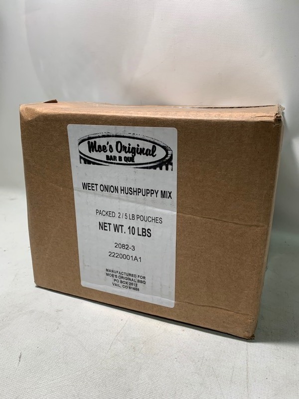 lot 158 image: New 10lbs Box of Moes Original Sweet Onion Hushpuppy Mix (2 - 5lbs Bags)