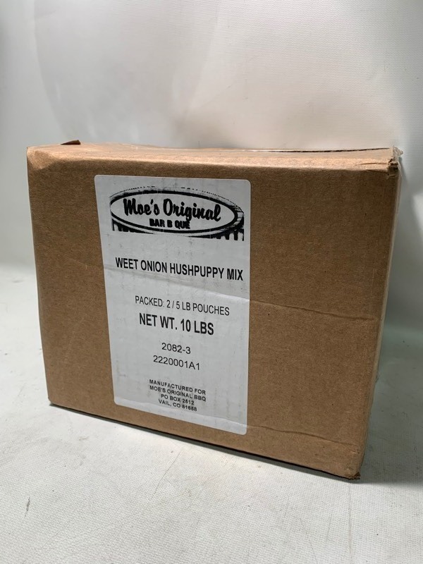 lot 159 image: New 10lbs Box of Moes Original Sweet Onion Hushpuppy Mix (2 - 5lbs Bags)