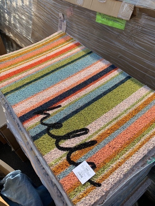 lot 552 image: New Threshold 18x30 Colorful Stripes Hello Doormat