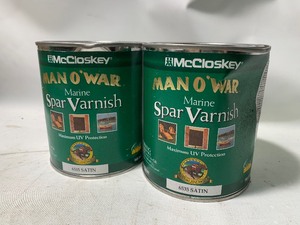 lot 24 image: 2 New Quarts of McCloskey Man O War Marine Spar Varnish, 6535 Satin