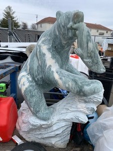 lot 30 image: Beautiful Heavy Handcarved Solid StoneMarble Bear w Salmon Decorative Statue 32x24
