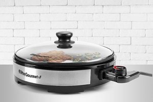 lot 64129 image: Elite Gourmet - 12 Deluxe Indoor Grill W Tempered Glass Lid, Stainless Steel - Black