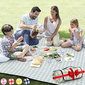 lot 64136 image: ZAZE Extra Large Picnic Outdoor Blanket, 80x80 Waterproof Foldable Blankets Gingham Picnic Mat for Beach, Camping on Grass Picnic Blankets (Green and White)