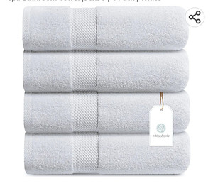 lot 64145 image: White Classic Luxury Bath Towels Large - Cotton Hotel spa Bathroom Towel 30x56  4 Pack  White